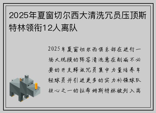 2025年夏窗切尔西大清洗冗员压顶斯特林领衔12人离队